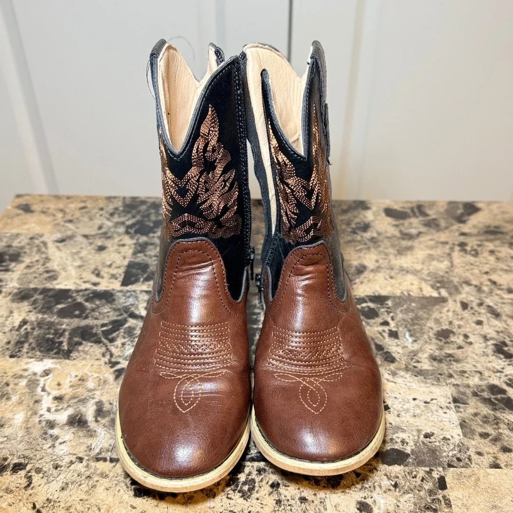 Norty Kids Brown Black Western Cowboy Boots Size 13 Embroidered Side Zip